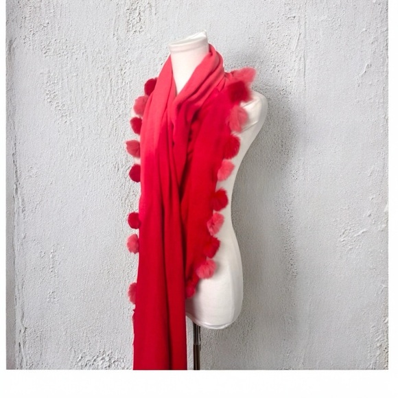 Red and Pink Scarf with rabbit fur Pom-Poms y2k glam - Picture 1 of 7